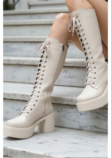 Kalın Yüksek Topuklu Fermuarlı Diz Altı Sade Bağcıklı Kadın Krem Çizme indirimleri