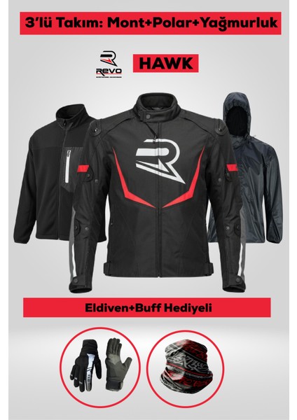 Hawk Kırmızı 3 Katmanlı 4 Mevsim Unisex Motosiklet Montu + ELDİVEN VE BUFF HEDİYELİ