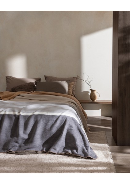 Lorven Çift Kişilik Jakarlı Pamuklu Battaniye - Gri/bej
