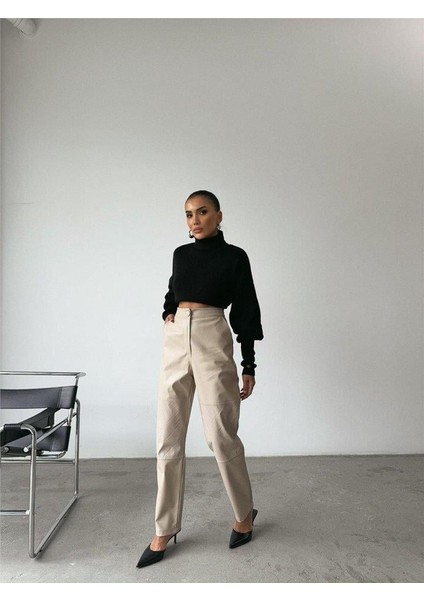 Deri Pantolon Diz Parçalı - Taş