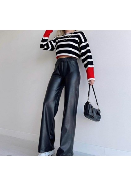Kadın Yüksek Bel Beli Lastikli Geniş Paçalı Deri Pantolon modelleri