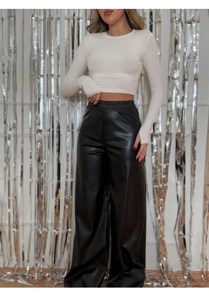 Kadın Yüksek Bel Beli Lastikli Geniş Paçalı Deri Pantolon