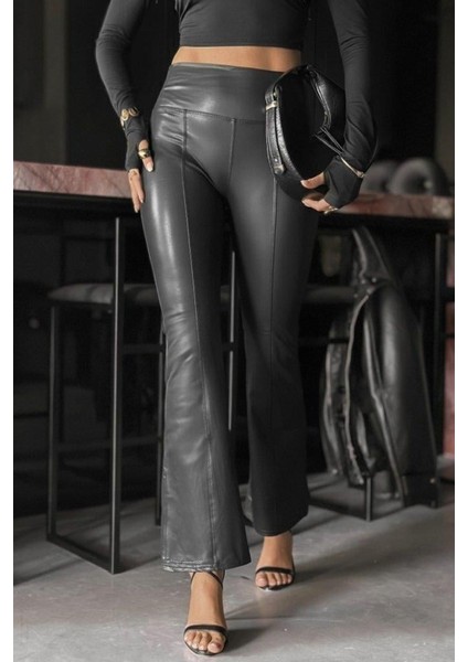 Kadın Yüksek Bel Paçaya Doğru Geniş Deri Pantolon