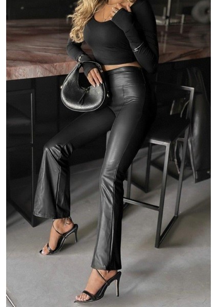 Kadın Yüksek Bel Paçaya Doğru Geniş Deri Pantolon fiyatları