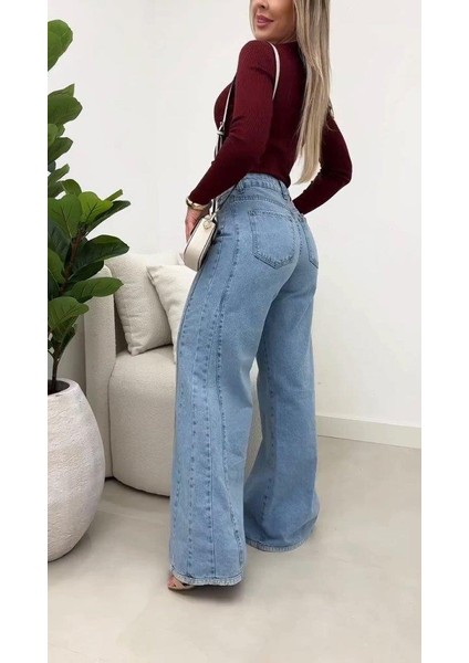 Kadın Yüksek Bel Paçaya Doğru Geniş Kesimli Kot Pantolon