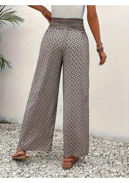 Kadın Yüksek Bel Lastikli Önden Iki Parçalı Desenli Bürümcük Pantolon fırsatları