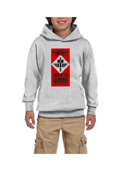 Manowar Sign Of The Hammer Gri Çocuk Kapşonlu Sweatshirt