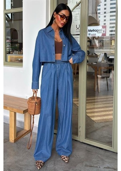 Denim Gömlek Plazzo Pantolon Takım 10163-08