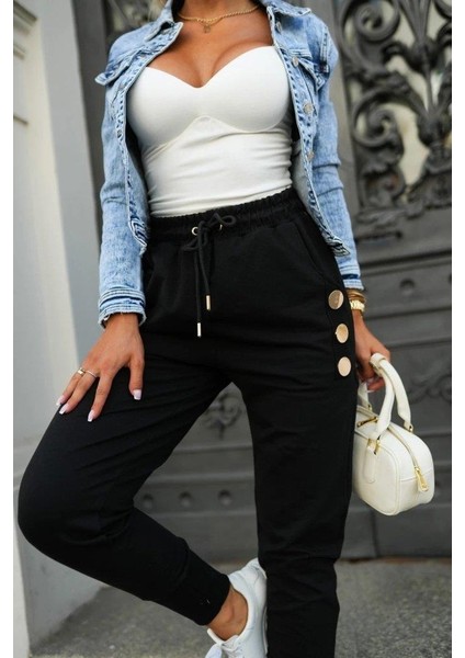 Kadın Yüksek Bel Lastikli Yanlardan Düğmeli Viskon Iki Iplik Pantolon