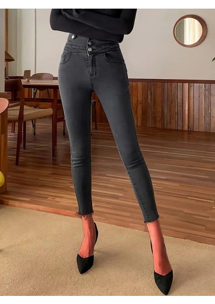 Kadın Yüksek Bel Önden Düğmeli Cepli Dar Kesim Detaylı Kot Pantolon fiyatları