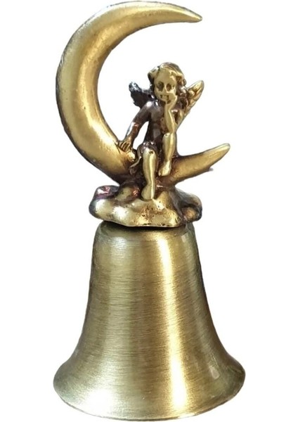 Ayda Oturan Melek Tepelikli Metal Mum Söndürücü Dekoratif Çan Eskitme