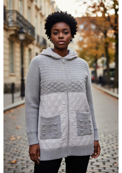 Kadın Büyük Beden Kapüşonlu Cepli Taş Detay Kapitoneli Triko Hırka