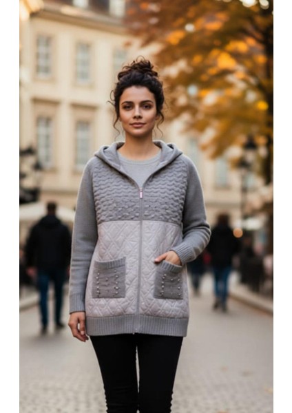 Kadın Büyük Beden Kapüşonlu Cepli Taş Detay Kapitoneli Triko Hırka modelleri