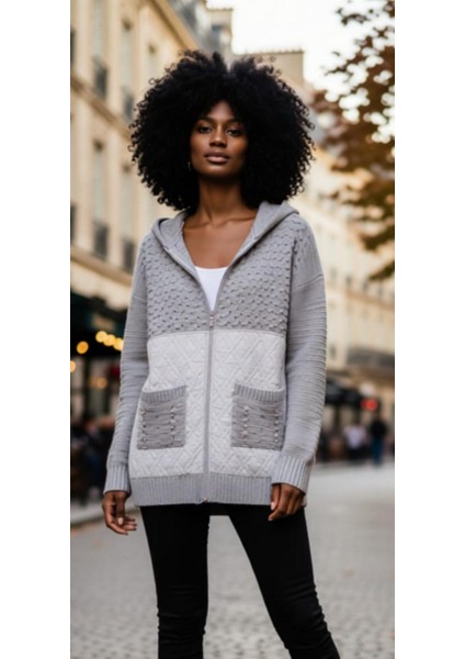 Kadın Büyük Beden Kapüşonlu Cepli Taş Detay Kapitoneli Triko Hırka fırsatları