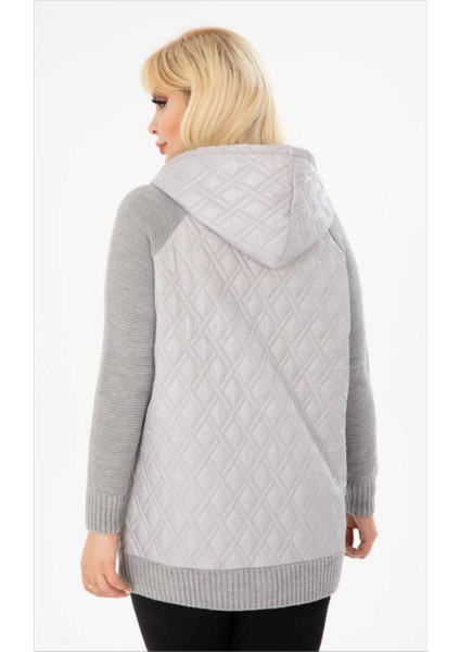 Kadın Büyük Beden Kapüşonlu Cepli Taş Detay Kapitoneli Triko Hırka