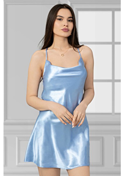 Kadın Fantezi Gecelik Askılı Saten Mini Elbise Parlement Mavi Feminen Tasarım indirimleri