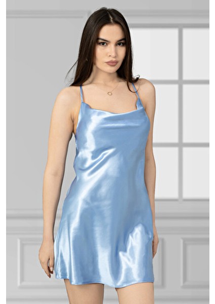 Kadın Fantezi Gecelik Askılı Saten Mini Elbise Parlement Mavi Feminen Tasarım
