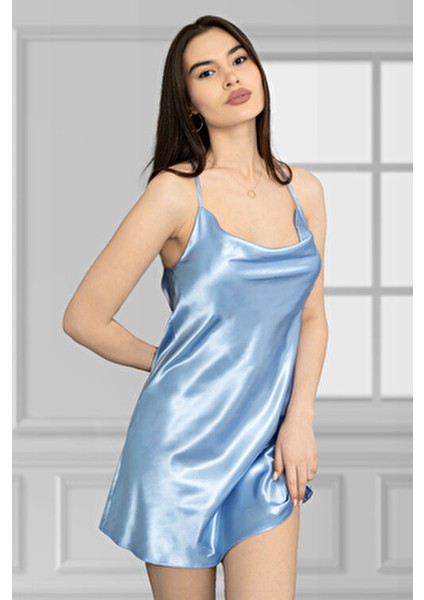 Kadın Fantezi Gecelik Askılı Saten Mini Elbise Parlement Mavi Feminen Tasarım