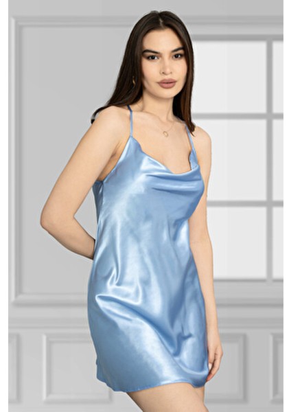 Kadın Fantezi Gecelik Askılı Saten Mini Elbise Parlement Mavi Feminen Tasarım
