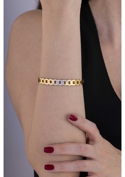 Göz Işlemeli Altın Kaplama Zincir Geçişli Taşlı Çelik Kadın Kelepçe Bileklik