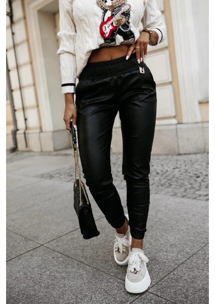 Kadın Yüksek Bel Lastikli Cepli Deri Pantolon