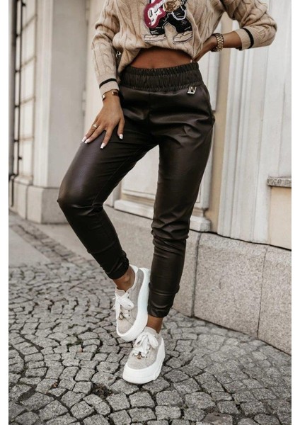 Kadın Yüksek Bel Lastikli Cepli Deri Pantolon fiyatları