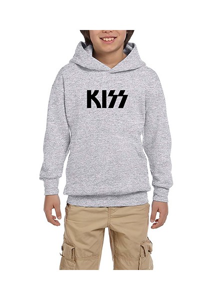 Kiss Logo 2 Gri Çocuk Kapşonlu Sweatshirt