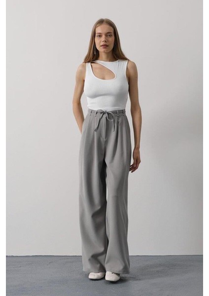 Pileli Bağcıklı Oversize Pantolon - Gri modelleri