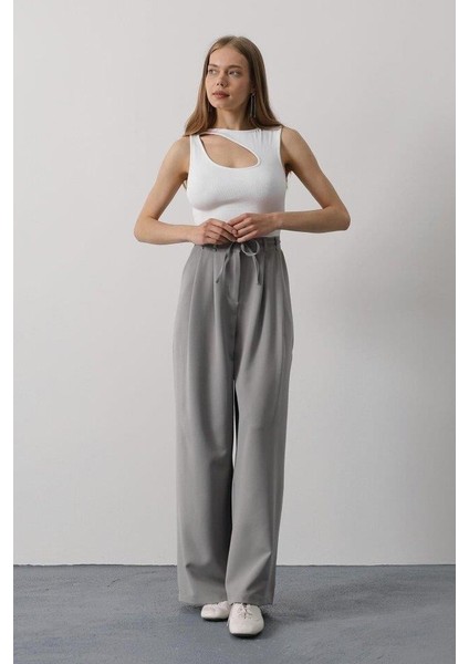 Pileli Bağcıklı Oversize Pantolon - Gri fırsatları