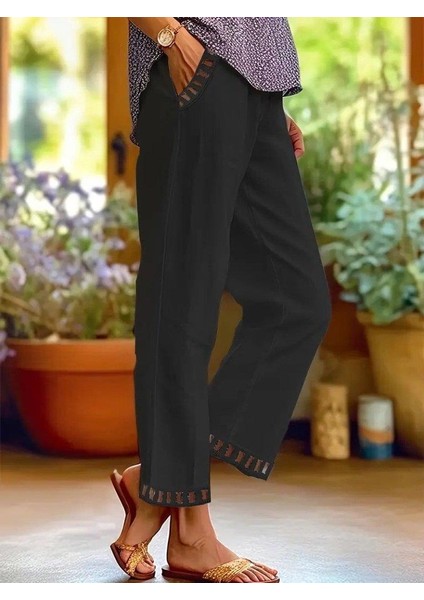 Kadın Beli Lastikli Bağcıklı Cep ve Pantolon Ucu Güpür Detaylı Pantolon modelleri