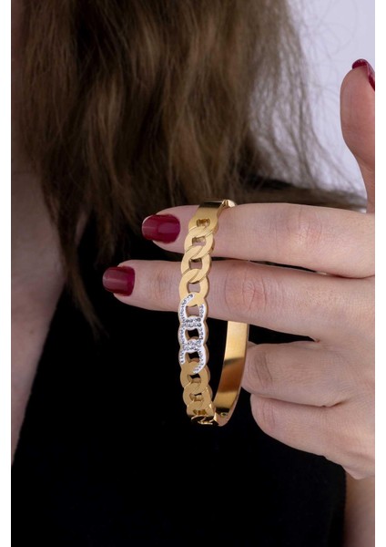 Göz Işlemeli Altın Kaplama Zincir Geçişli Taşlı Çelik Kadın Kelepçe Bileklik fiyatları