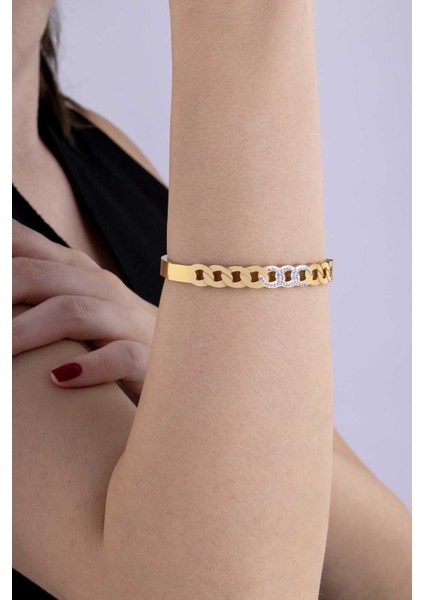 Göz Işlemeli Altın Kaplama Zincir Geçişli Taşlı Çelik Kadın Kelepçe Bileklik modelleri