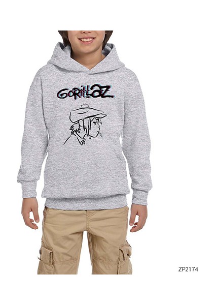 Gorillaz Head Gri Çocuk Kapşonlu Sweatshirt