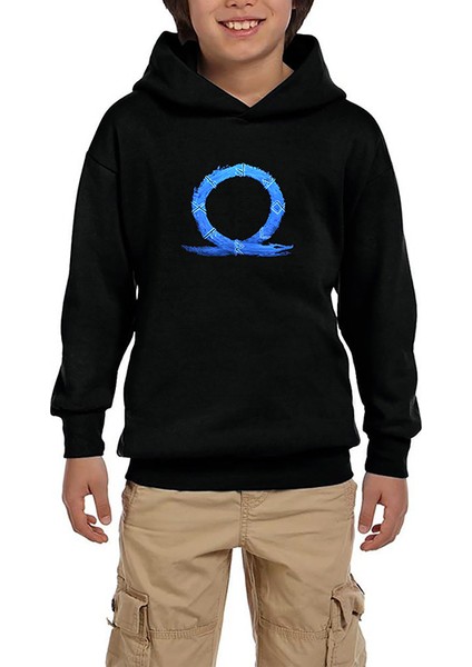 God Of War Ragnarok Blue Logo Siyah Çocuk Kapşonlu Sweatshirt