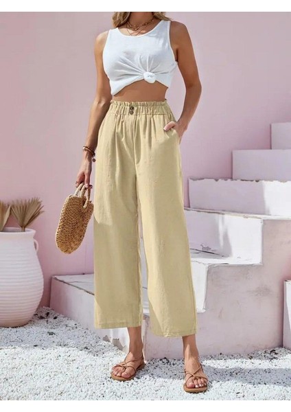 Kadın Bel Büzgü ve Düğme Detay Kapri Keten Pantolon