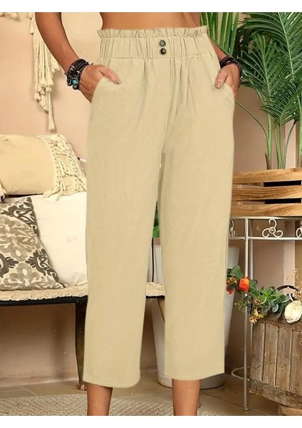 Kadın Bel Büzgü ve Düğme Detay Kapri Keten Pantolon fiyatları