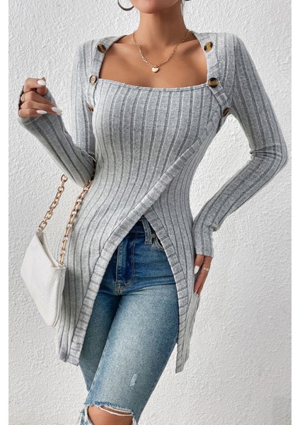 Kadın Gri Düğme Detaylı Kare Yaka Fitilli Asimetrik Etekli Uzun Kollu Bluz fiyatları