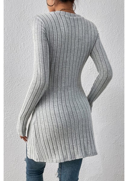 Kadın Gri Düğme Detaylı Kare Yaka Fitilli Asimetrik Etekli Uzun Kollu Bluz modelleri