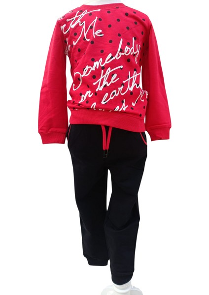 Kız Çocuk İkili Takım – Baskılı Kırmızı Siyah Sweatshirt ve Esnek Tayt | %100 Pamuk Şardonlu Kumaş
