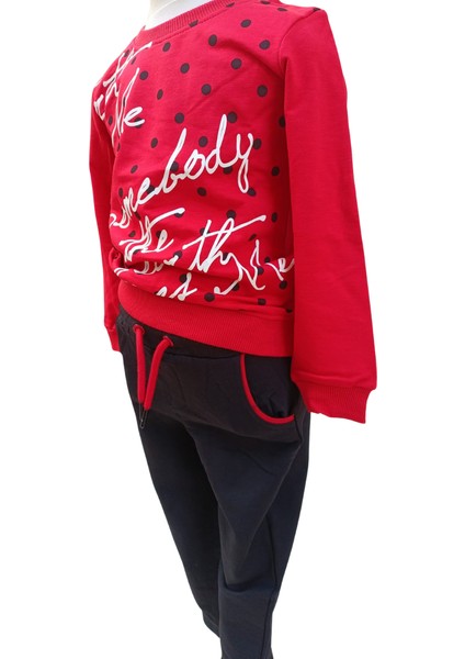 Kız Çocuk İkili Takım – Baskılı Kırmızı Siyah Sweatshirt ve Esnek Tayt | %100 Pamuk Şardonlu Kumaş modelleri