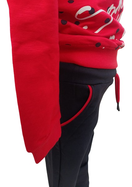 Kız Çocuk İkili Takım – Baskılı Kırmızı Siyah Sweatshirt ve Esnek Tayt | %100 Pamuk Şardonlu Kumaş indirimleri