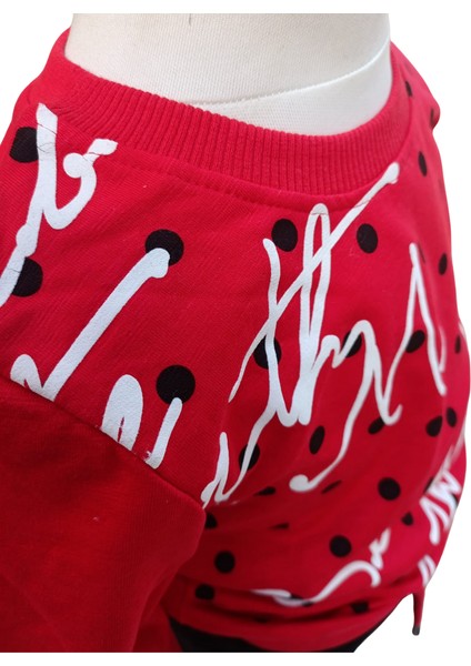 Kız Çocuk İkili Takım – Baskılı Kırmızı Siyah Sweatshirt ve Esnek Tayt | %100 Pamuk Şardonlu Kumaş