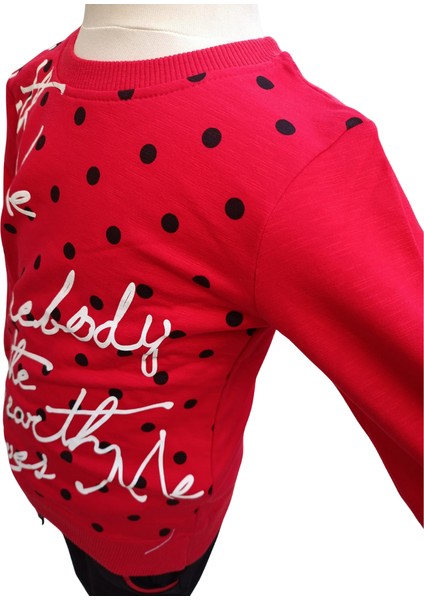 Kız Çocuk İkili Takım – Baskılı Kırmızı Siyah Sweatshirt ve Esnek Tayt | %100 Pamuk Şardonlu Kumaş