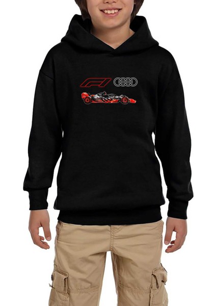 F1 Audi Logo Car Siyah Çocuk Kapşonlu Sweatshirt