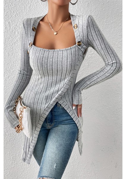 Kadın Gri Düğme Detaylı Kare Yaka Fitilli Asimetrik Etekli Uzun Kollu Bluz indirimleri