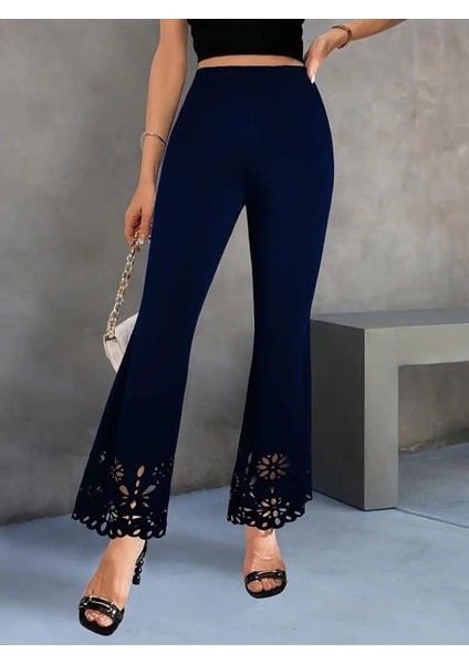 Kadın Yüksek Bel Paçaya Doğru Genişleyen Lazer Çiçek Kesim Detaylı Ithal Krep Pantolon