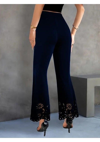 Kadın Yüksek Bel Paçaya Doğru Genişleyen Lazer Çiçek Kesim Detaylı Ithal Krep Pantolon fırsatları