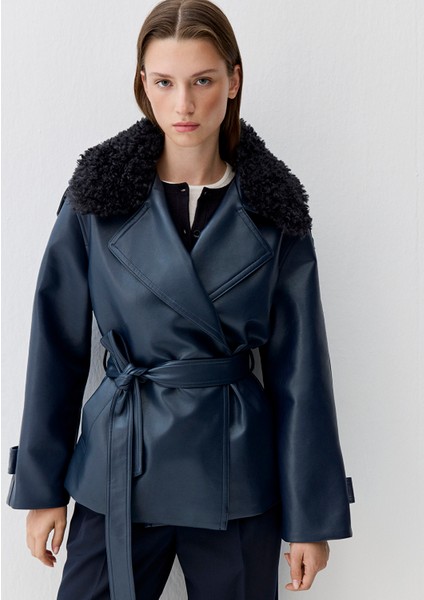 Lacivert Suni Kürk Detaylı Suni Deri Ceket 1110717-87822