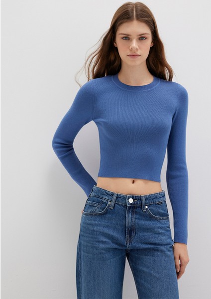 Bisiklet Yaka Mavi Crop Kazak 1710474-70738