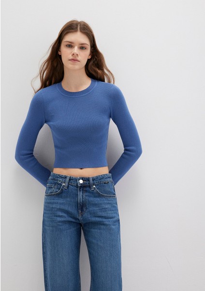 Bisiklet Yaka Mavi Crop Kazak 1710474-70738